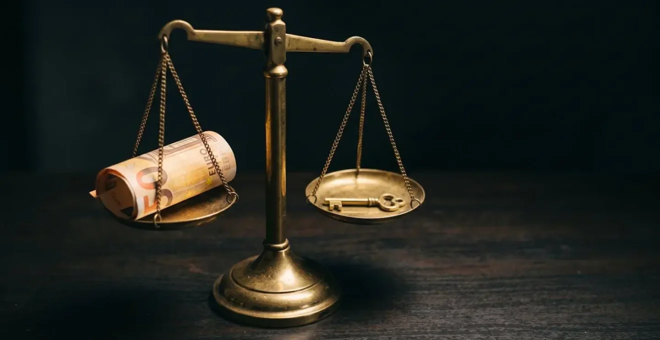 Balance de justice avec un billet sur un plateau et une clé sur l'autre, éclairée par un spot.