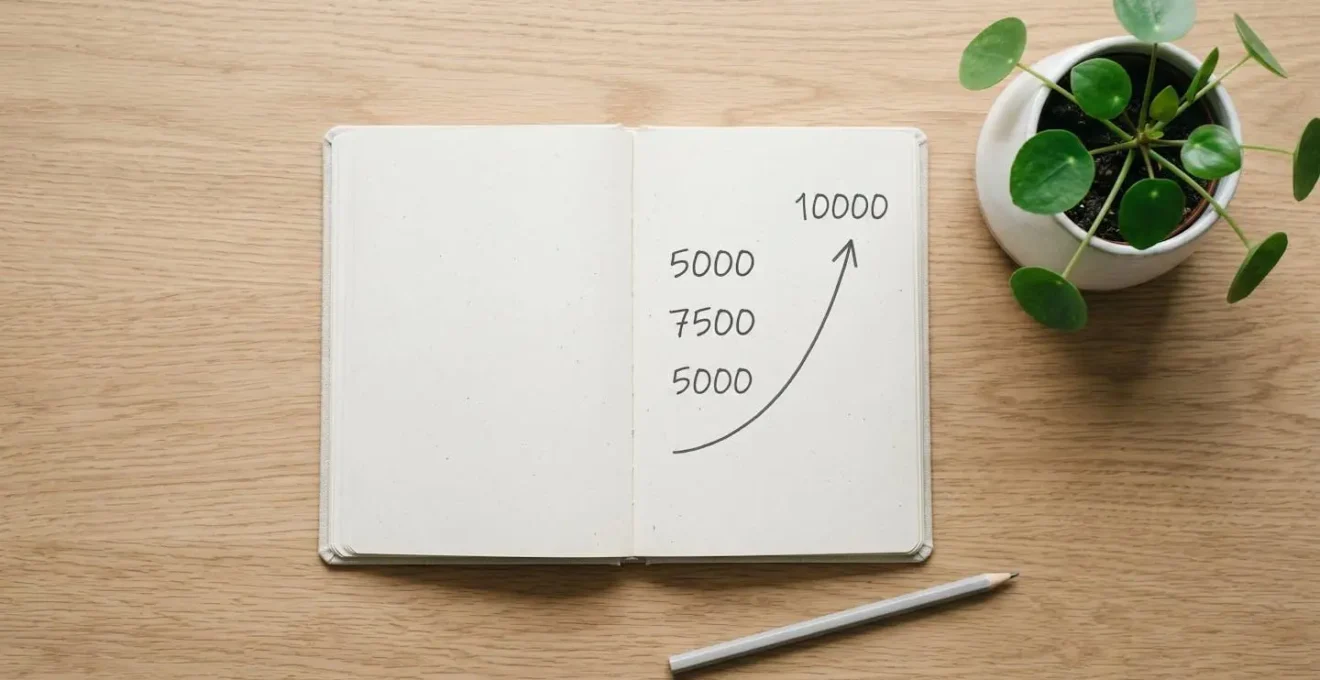 Carnet ouvert avec des chiffres et une courbe de progression tracée à la main, à côté d'une petite plante verte.