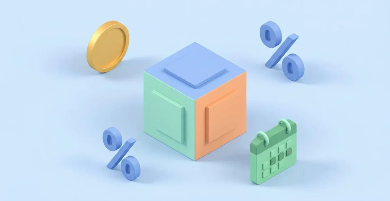 Cube isométrique entouré d'icônes représentant l'argent, un pourcentage et un calendrier.