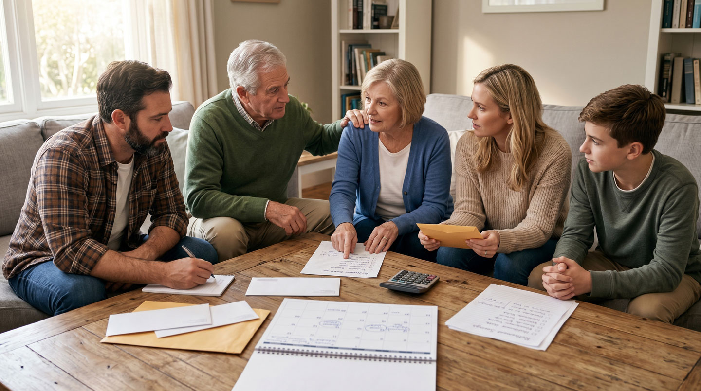 Trois générations d'une famille assises ensemble dans un salon lumineux, en conversation détendue autour d'une table basse, symbolisant la transmission familiale