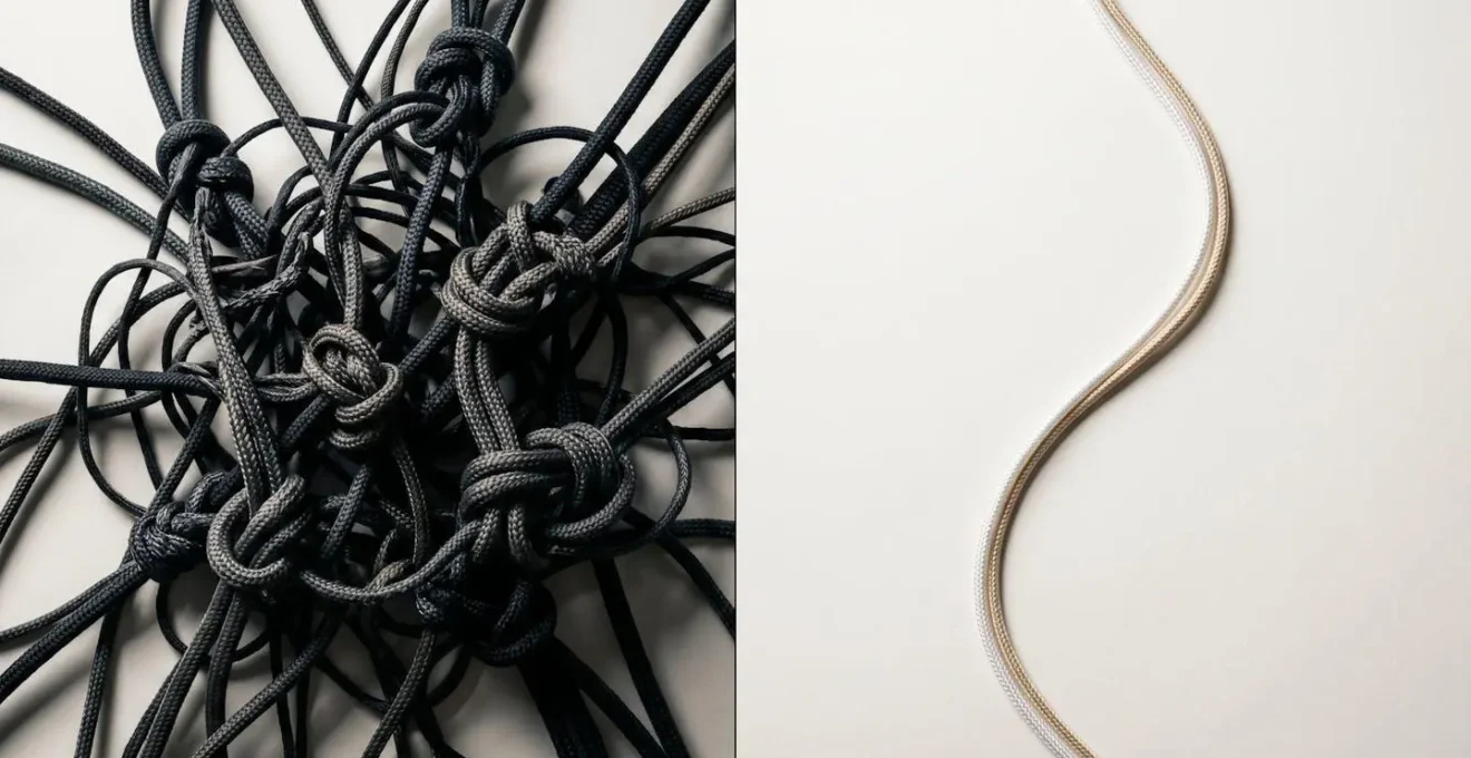 Composition contrastée montrant à gauche des fils emmêlés complexes et à droite une ligne fluide unique ascendante
