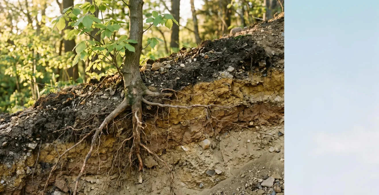 Coupe transversale d'un arbre aux racines profondes s'enfonçant dans un sol stratifié, symbolisant l'ancrage et la valorisation progressive