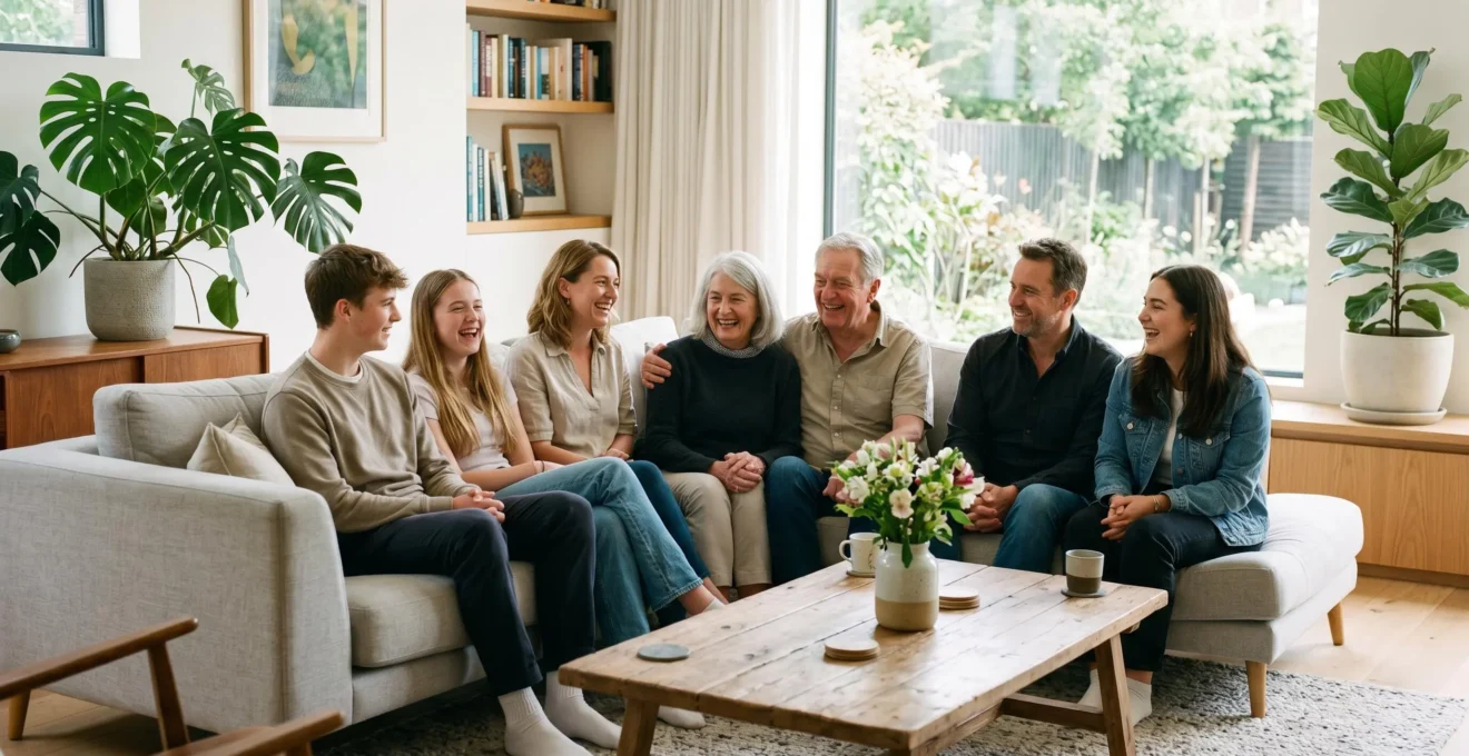 Trois générations d'une famille assises ensemble dans un salon lumineux, en conversation détendue autour d'une table basse, symbolisant la transmission familiale