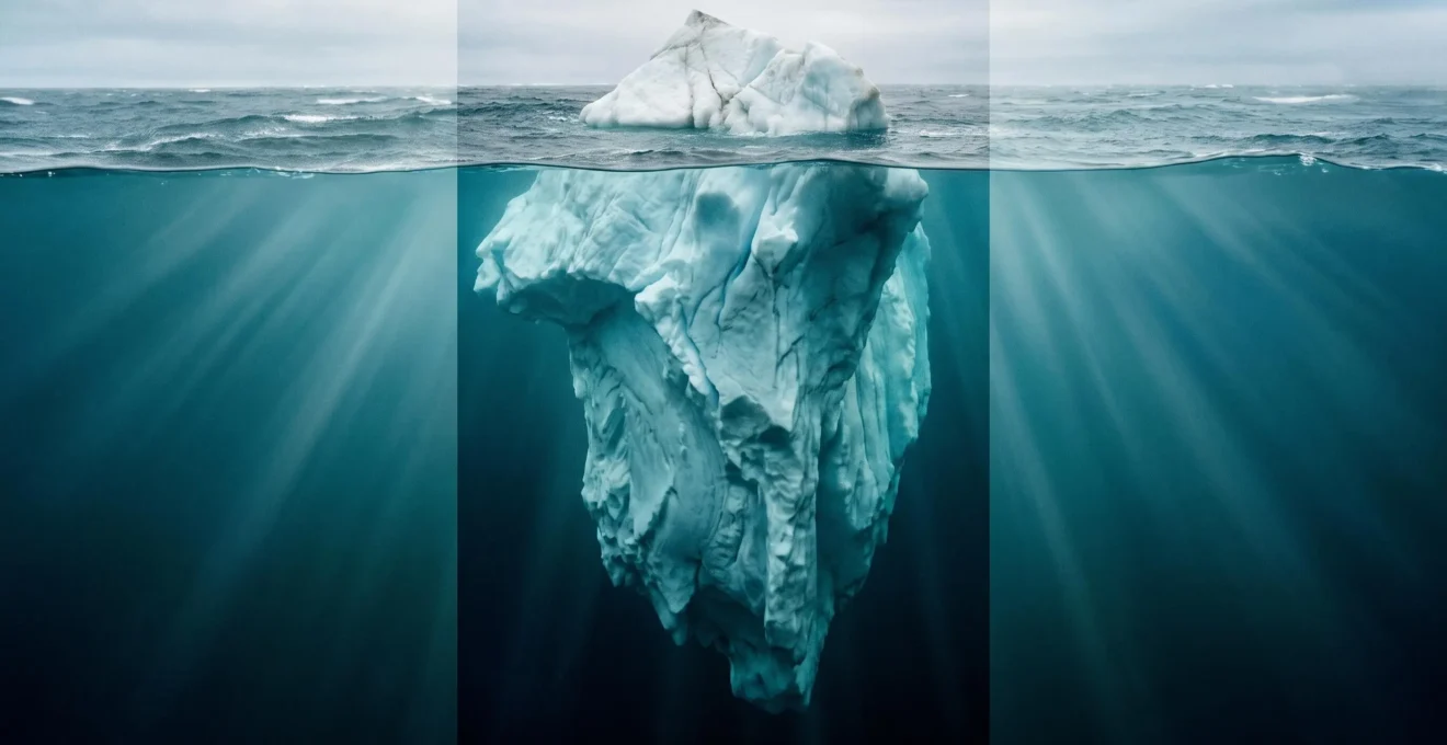 Iceberg photographié en coupe montrant la petite partie émergée et la masse immergée imposante sous l'eau