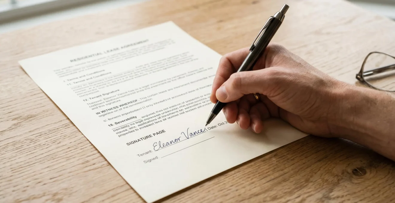 Une personne signant un document patrimonial avec un stylo sur une table en bois, contexte de planification successorale