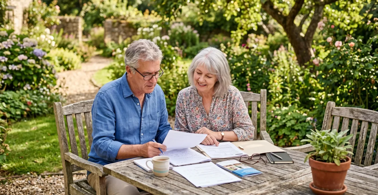 Un couple de seniors en conversation sérieuse dans un jardin, entouré de documents et d'une tablette, réfléchissant à la transmission de leur patrimoine