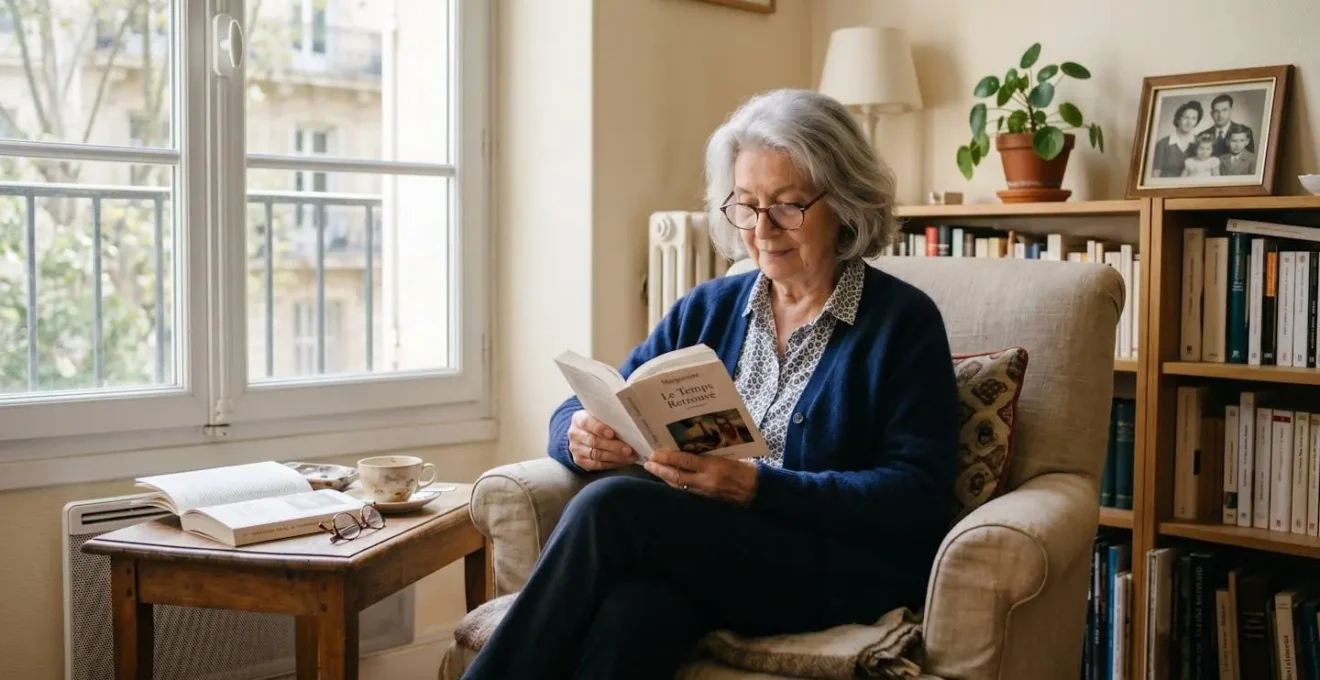 Femme senior de 85 ans assise confortablement dans son fauteuil familier dans son salon, lisant un livre avec une tasse de thé à portée de main, lumière naturelle douce, plante d'intérieur et cadre photo en arrière-plan