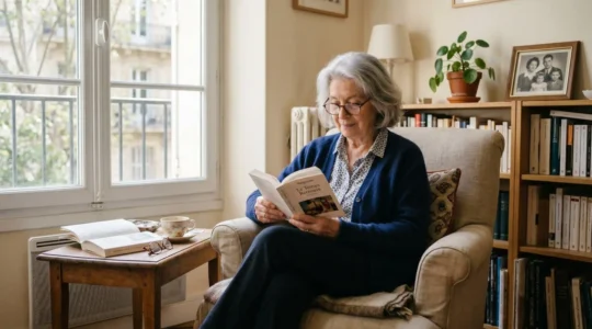 Femme senior de 85 ans assise confortablement dans son fauteuil familier dans son salon, lisant un livre avec une tasse de thé à portée de main, lumière naturelle douce, plante d'intérieur et cadre photo en arrière-plan