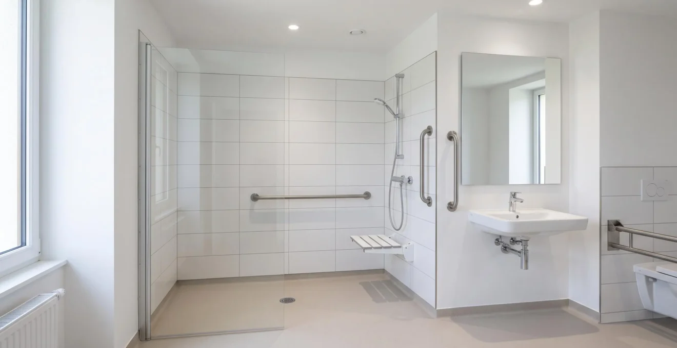 Salle de bain adaptée avec douche plain-pied antidérapante, barres d'appui horizontale et verticale en acier inoxydable fixées au mur, siège de douche rabattable blanc et éclairage LED